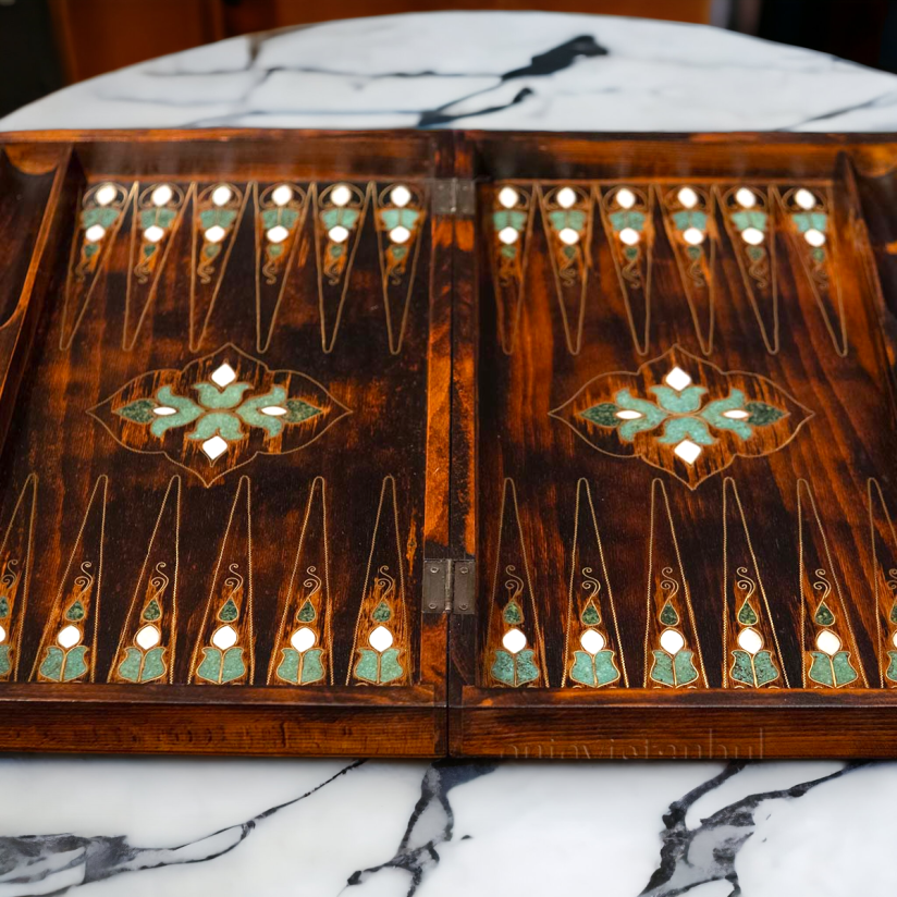 Handmade Backgammon and Chess Set with Jade stone, Mother of Pearl, Brass  inlay, TVL0001