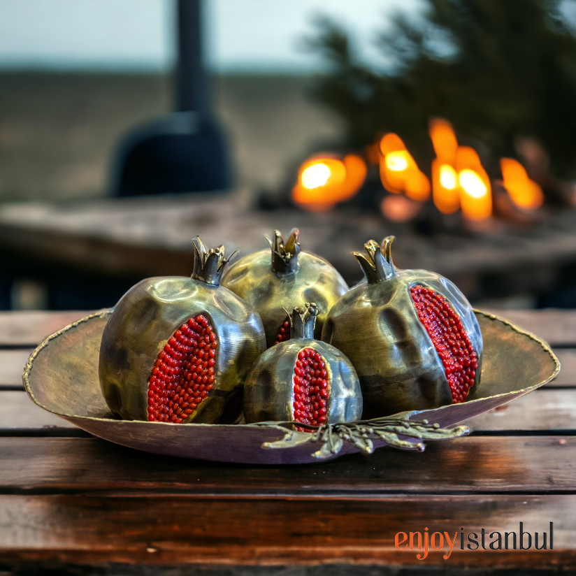 Artisanal Brass Pomegranate Masterpiece and Pomegranate Tray Set