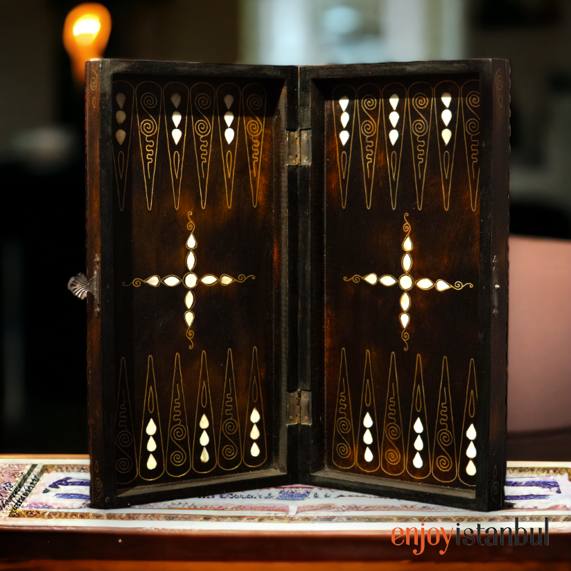 Handmade Walnut Backgammon Set & Chess Board with Mother of Pearl and Brass  Inlay