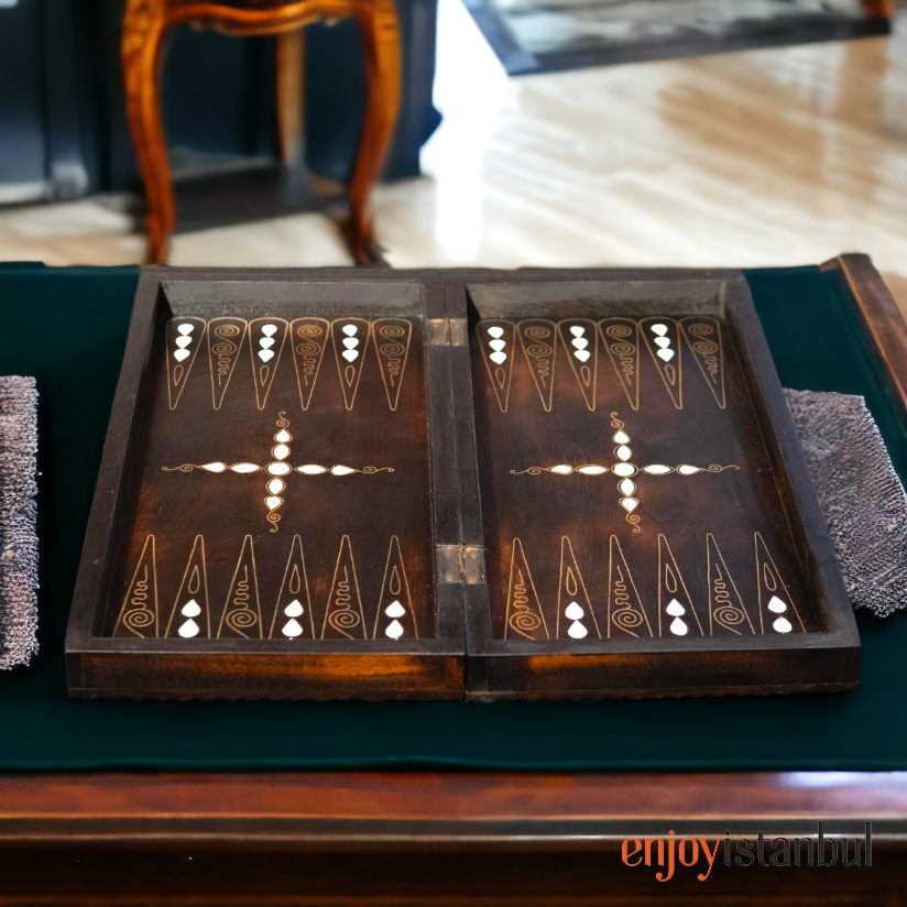 Handmade Walnut Backgammon Set & Chess Board with Mother of Pearl and Brass  Inlay, TVL0008