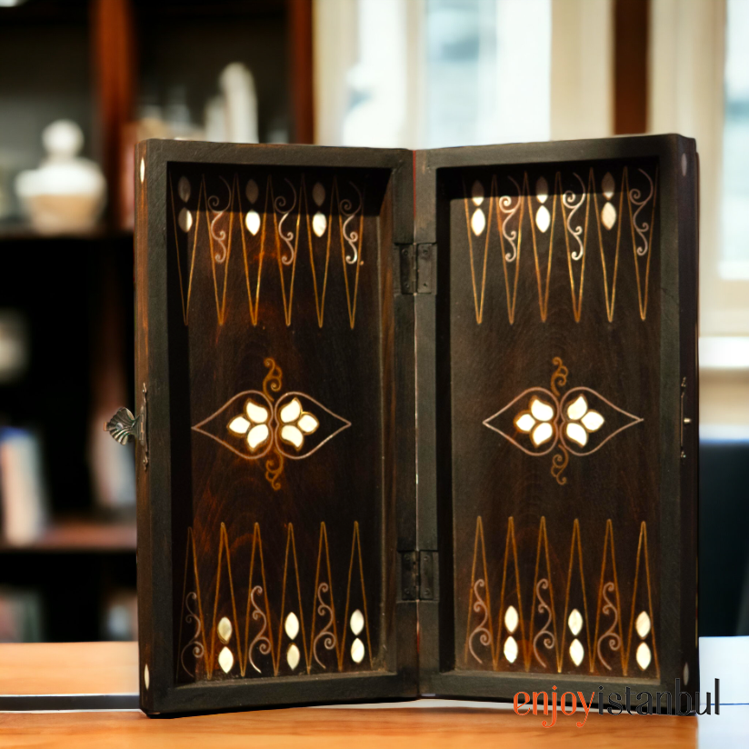 Handmade Walnut Backgammon Set with Mother of Pearl and Brass Inlay