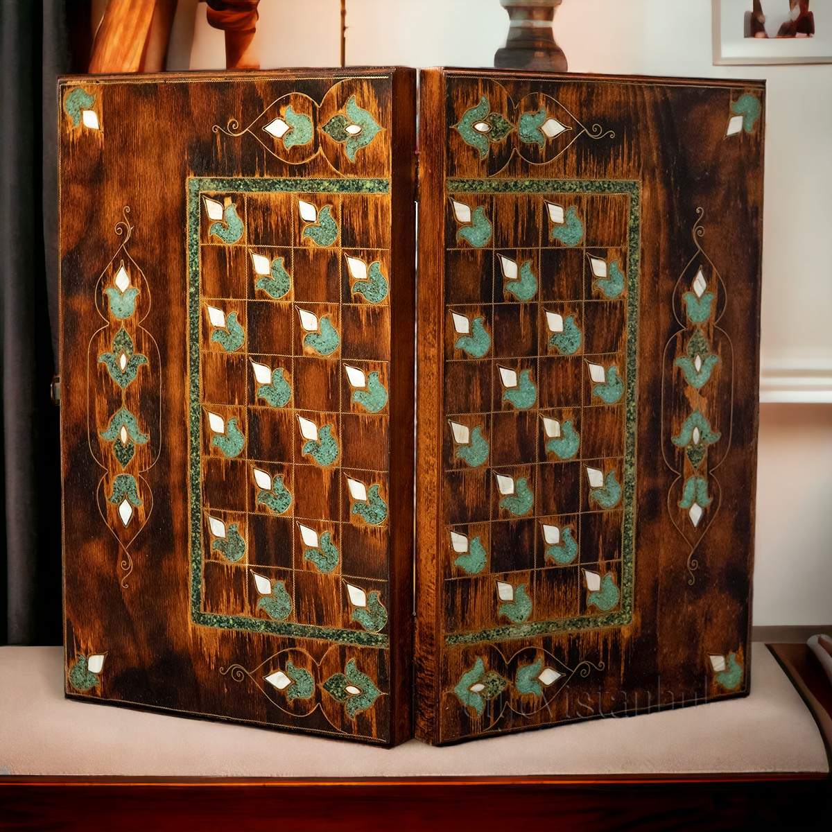 Handmade Backgammon and Chess Set with Jade stone, Mother of Pearl