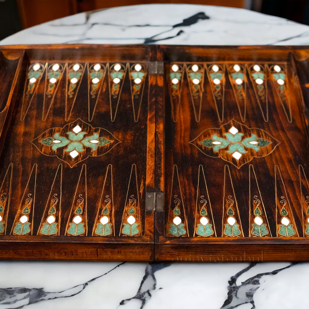 Handmade Backgammon and Chess Set with Jade stone, Mother of Pearl