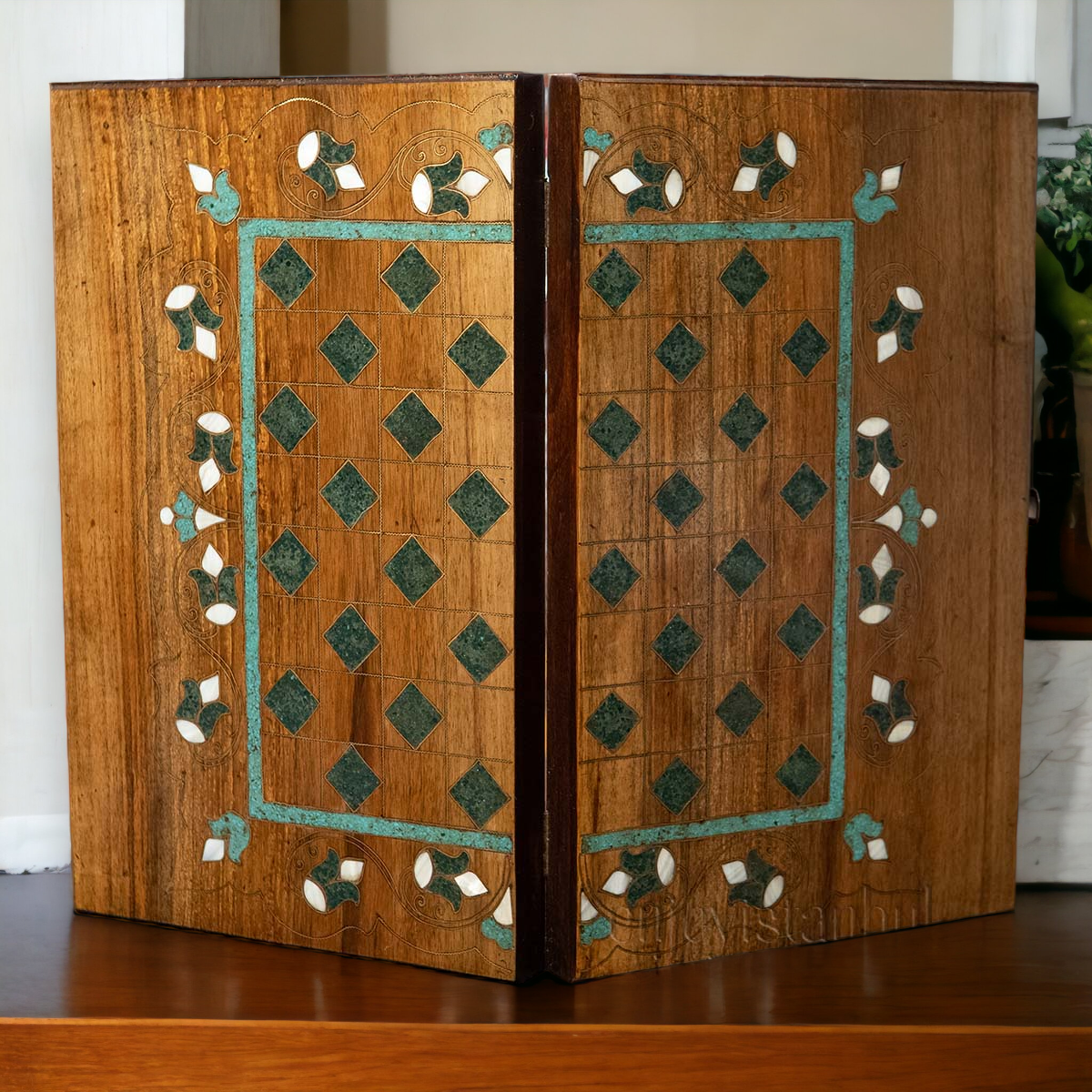 Elegant Handmade Backgammon and Chess Set with Jade Stone, Mother of Pearl,  and Brass Inlay