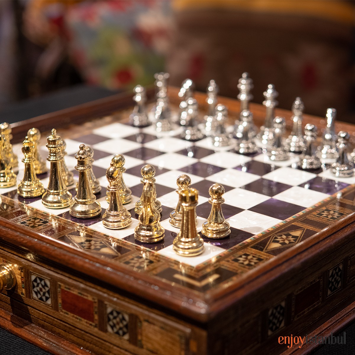 British Metal Chess Pieces With Ceramic Chess Board On Handmade Wood, Chess  Set