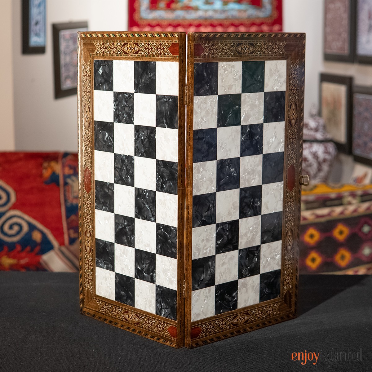 Nice Chess Game on massive wooden board with inlays including wooden  figures