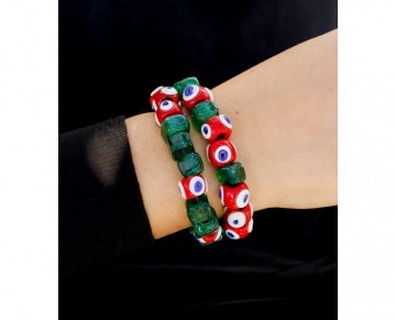 Turkish Evil Eye Bracelet Set green and red beads