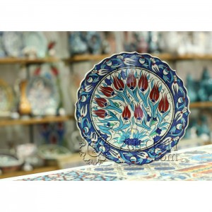 10''/25 cm Hand Painted Turkish Iznik Ceramic Plate with Red Tulip Design in Blue Border