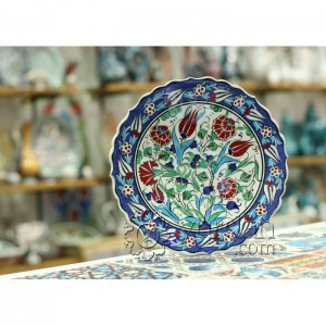 10''/25 cm Hand Painted Turkish Iznik Ceramic Plate with Red Tulip and Carnation Design in Blue Border