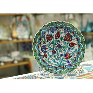 10''/25 cm Hand Painted Turkish Iznik Ceramic Plate with Red Tulip and Carnation Design in Green Border