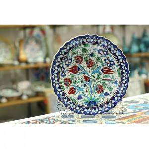 10''/25 cm Hand Painted Turkish Iznik Ceramic Plate with Red Tulip and Carnation Design in Blue Border