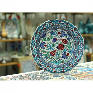 12''/30 cm Hand Painted Iznik Ceramic Relief  Plate with Blue&Red Colored Tulip and Carnation Design