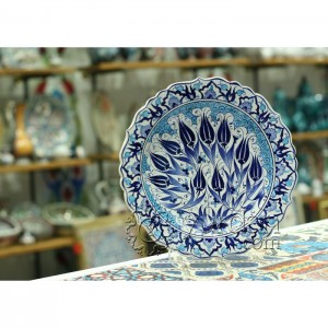 12''/30 cm Hand Painted Iznik Ceramic Relief Plate with Navy Blue Colored Tulip Design