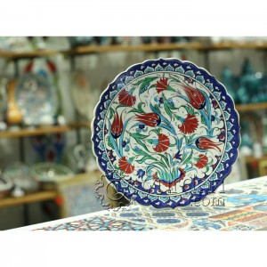 12''/30 cm Hand Painted Iznik Ceramic Relief  Plate with Red Colored Tulip and Carnation Design