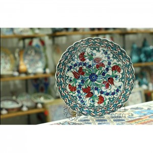 12''/30 cm Hand Painted Iznik Ceramic Relief  Plate with Tulip&Carnation Design and a Turquoise Border