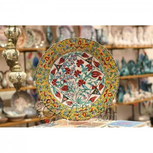 16''/40 cm Hand Painted Turkish Iznik Ceramic Plate Tezhip with Tulip and Carnation Design in Yellow and Red