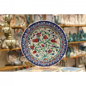 16''/40 cm Hand Painted Turkish Iznik Ceramic Plate with Spring Flowers in Blue