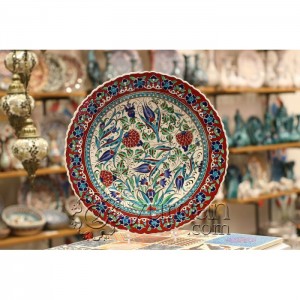 16''/40 cm Hand Painted Turkish Iznik Ceramic Plate Spring Flowers Design in Red and Blue