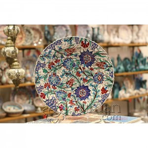 16''/40 cm Hand Painted Turkish Iznik Ceramic Plate with Spring Flowers Design in Blue