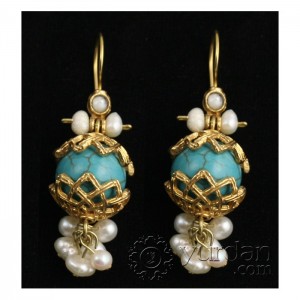 Handmade Artifact Earrings Embellished with Turquoise Beaded Pearls