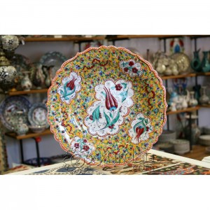 12''/30 cm Hand Painted Turkish Iznik Ceramic Relief Plate with Red Colored Tulip Design in Yellow Background