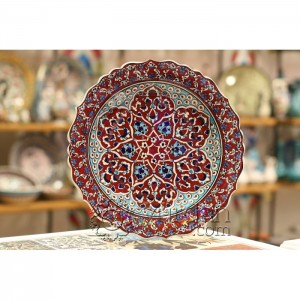 12''/30 cm Hand Painted Iznik Ceramic Relief Plate with Tezhip Design in Bllue and Red Border Color