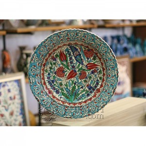 16''/40 cm Hand Painted Turkish Iznik Ceramic Plate with Tulip and Carnation Design in  Turquoise