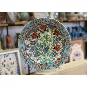 16''/40 cm Hand Painted Turkish Iznik Ceramic Plate with Tulip and Carnation Design in  Turquoise