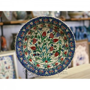 16''/40 cm Hand Painted Turkish Iznik Ceramic Plate with Tulip and Carnation Design in  Blue