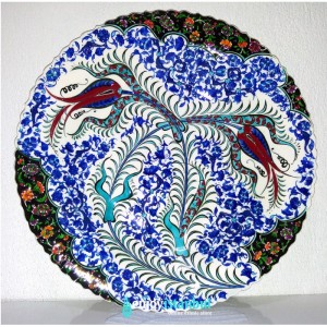 16''/40 cm Hand Painted Turkish Iznik Ceramic Relief Plate with Tulip Design in  Blue