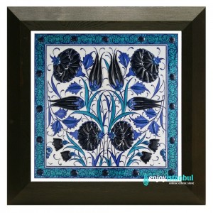 Turkish Iznik Ceramic Tile with Frame -Tulip and Carnation Design -Wall Decor-Handmade Ceramic Tile- 11''/27cm