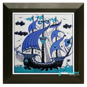 Turkish Iznik Ceramic Tile with Frame -Galleon Design -Wall Decor-Handmade Ceramic Tile- 11''/27cm