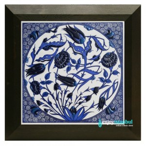 Turkish Iznik Ceramic Tile with Frame -Carnation and Tulip Design -Wall Decor-Handmade Ceramic Tile- 11''/27cm