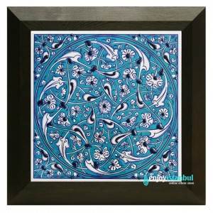 Turkish Iznik Ceramic Tile with Frame -Tezhip Design -Wall Decor-Handmade Ceramic Tile- 11''/27cm