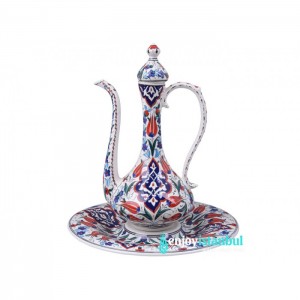 Iznik Design Ceramic Ewer Set- Carnation and Tulip Design -Turkish Ewer Pitcher-IBRIK- 12.6''/32 cm Heigh