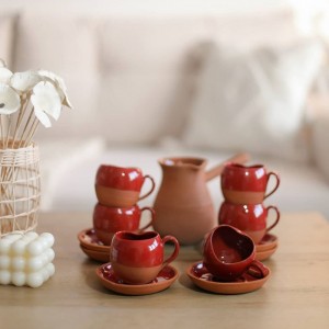 Handmade Organic Clay TerracottaÂ  Coffee Cup Set  with 6 Heart Shaped Mugs and 1 Coffee Pot