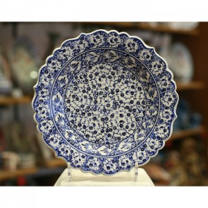 10''/25 cm Hand Painted Turkish Iznik Ceramic Plate with Halic Design in Navy Blue Color