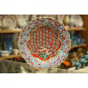 12''/30cm Hand Painted Turkish Iznik Ceramic Plate with Tree of Life Design in Orange and Lilac