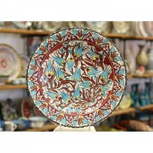 16''/40 cm Hand Painted Turkish Iznik Ceramic Plate withTulip Design in Brown and Turquoise