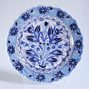 12''/30cm Hand Painted Turkish Iznik Ceramic Plate with Tulip Design in Blue